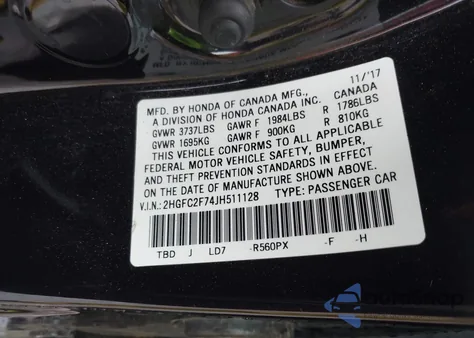 2018 Honda Civic Ex z USA, uszkodzony, nr VIN 2HGFC2F74JH511128